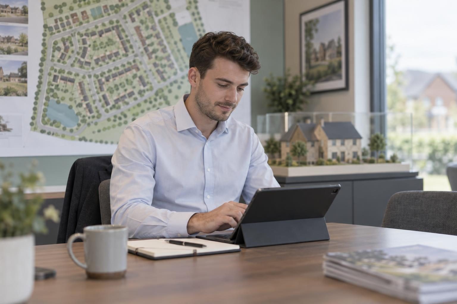 A sales consultant typing notes on a tablet in a show home sales office